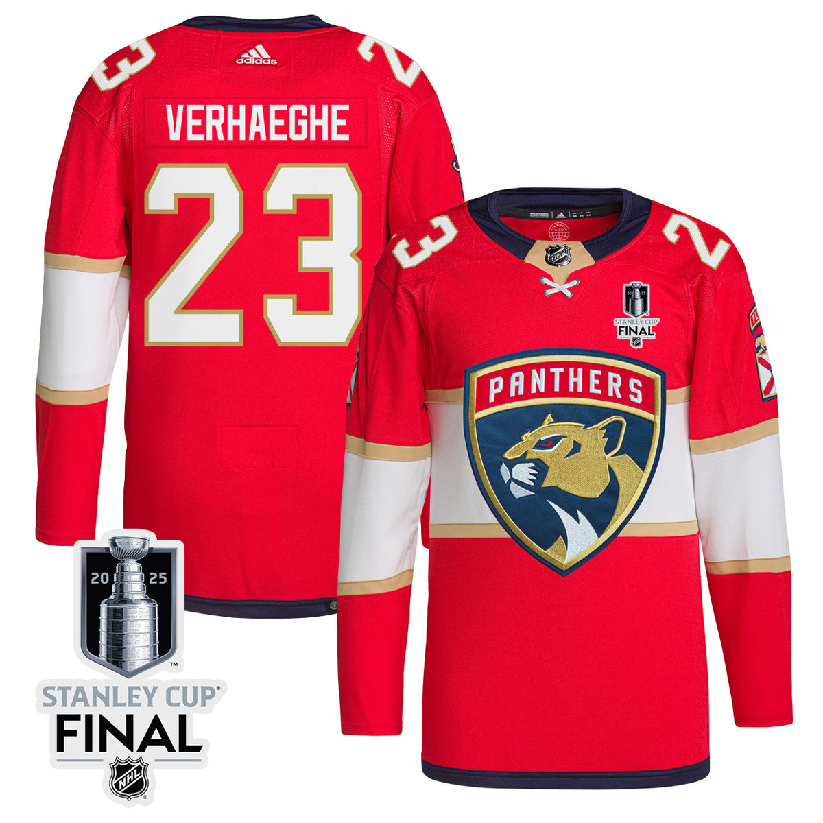 Carter Verhaeghe 23 Florida Panthers 2025 STANLEY CUP Final Patch Home Men Jersey - Red