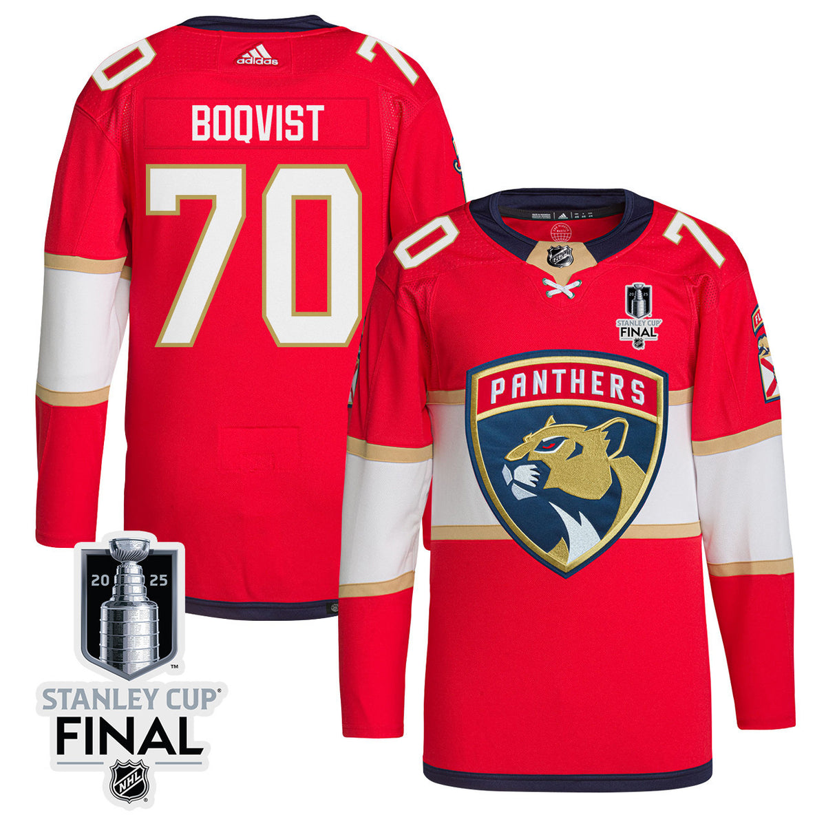 Jesper Boqvist 70 Florida Panthers 2025 STANLEY CUP Final Patch Home Men Jersey - Red