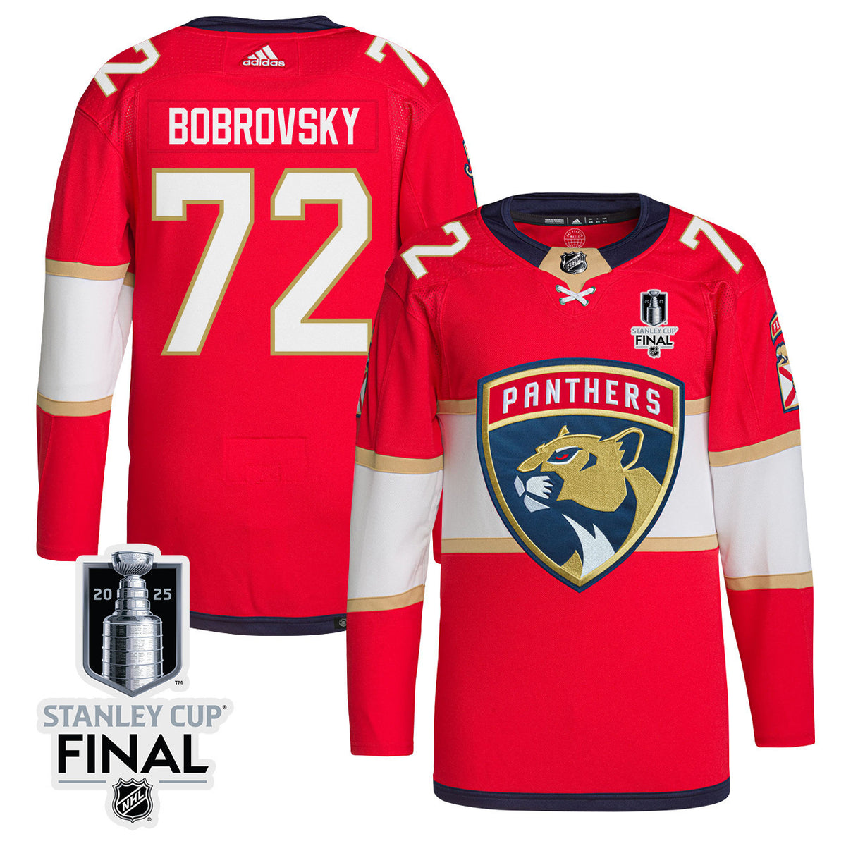 Sergei Bobrovsky 72 Florida Panthers 2025 STANLEY CUP Final Patch Home Men Jersey - Red