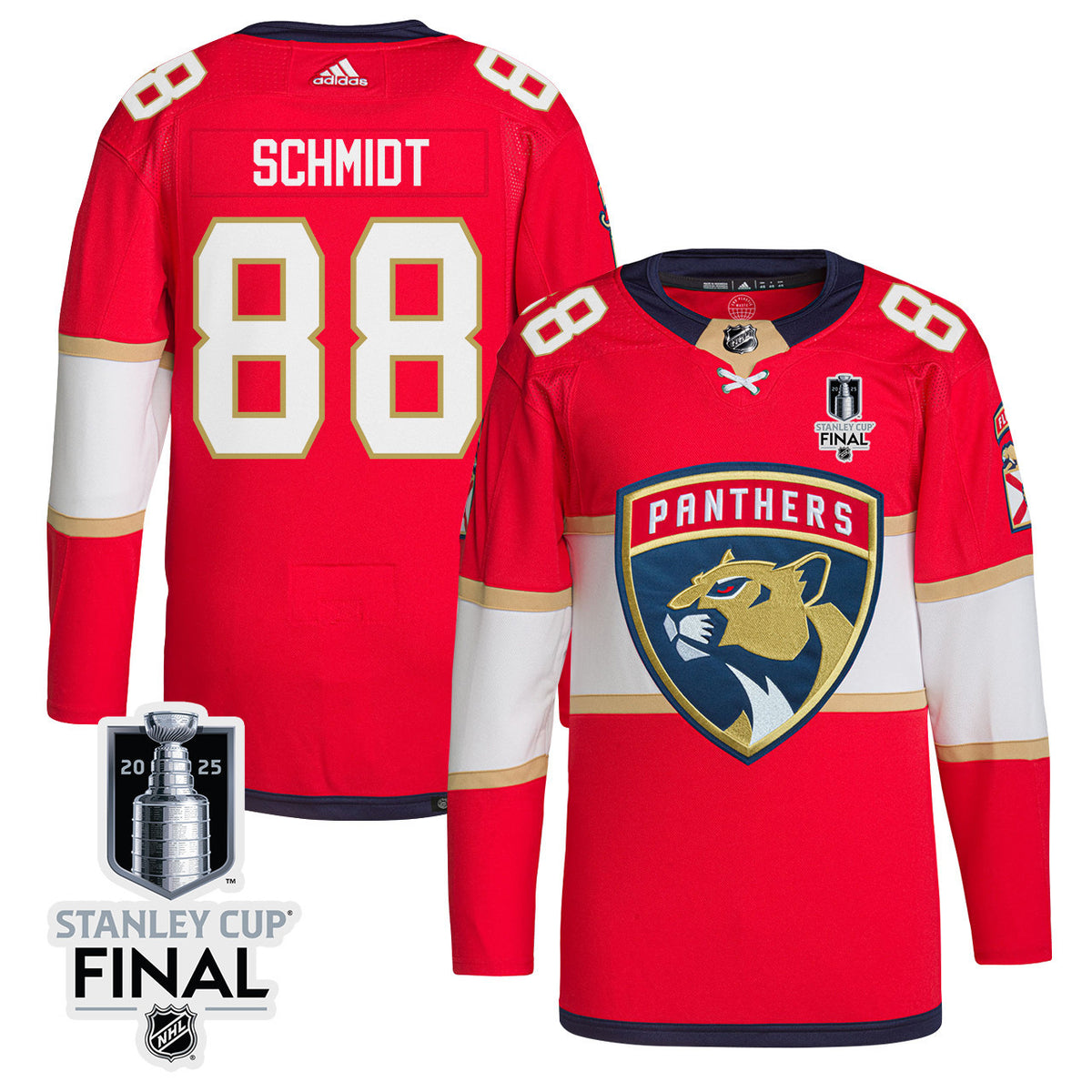 Nate Schmidt 88 Florida Panthers 2025 STANLEY CUP Final Patch Home Men Jersey - Red