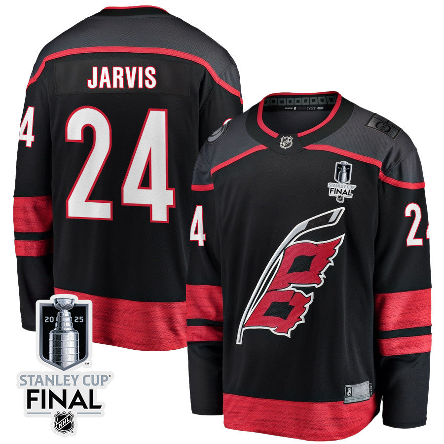 Seth Jarvis 24 Carolina Hurricanes 2025 STANLEY CUP Final Patch Home Men Jersey - Black