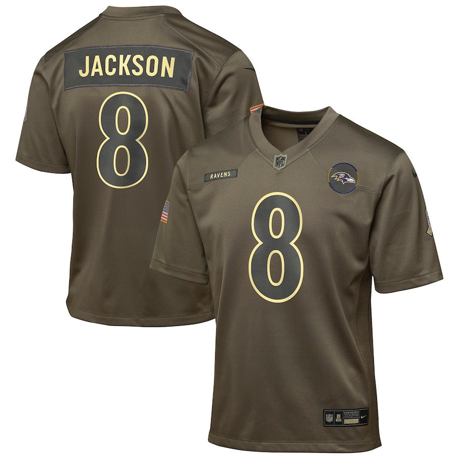 Lamar Jackson 8 Baltimore Ravens 2025 Salute to Service YOUTH Jersey - Olive