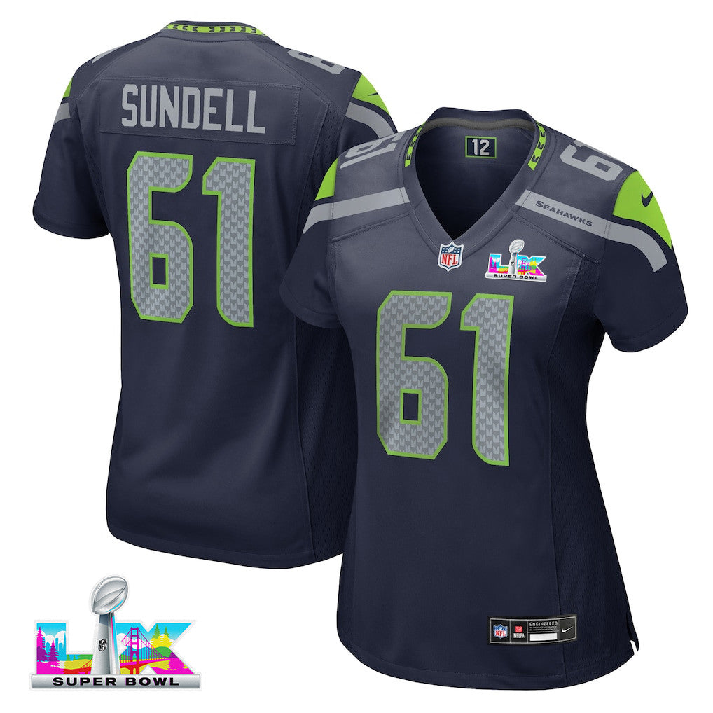 Jalen Sundell 61 Seattle Seahawks 2026 Super Bowl LX - Women Game Jersey - Navy