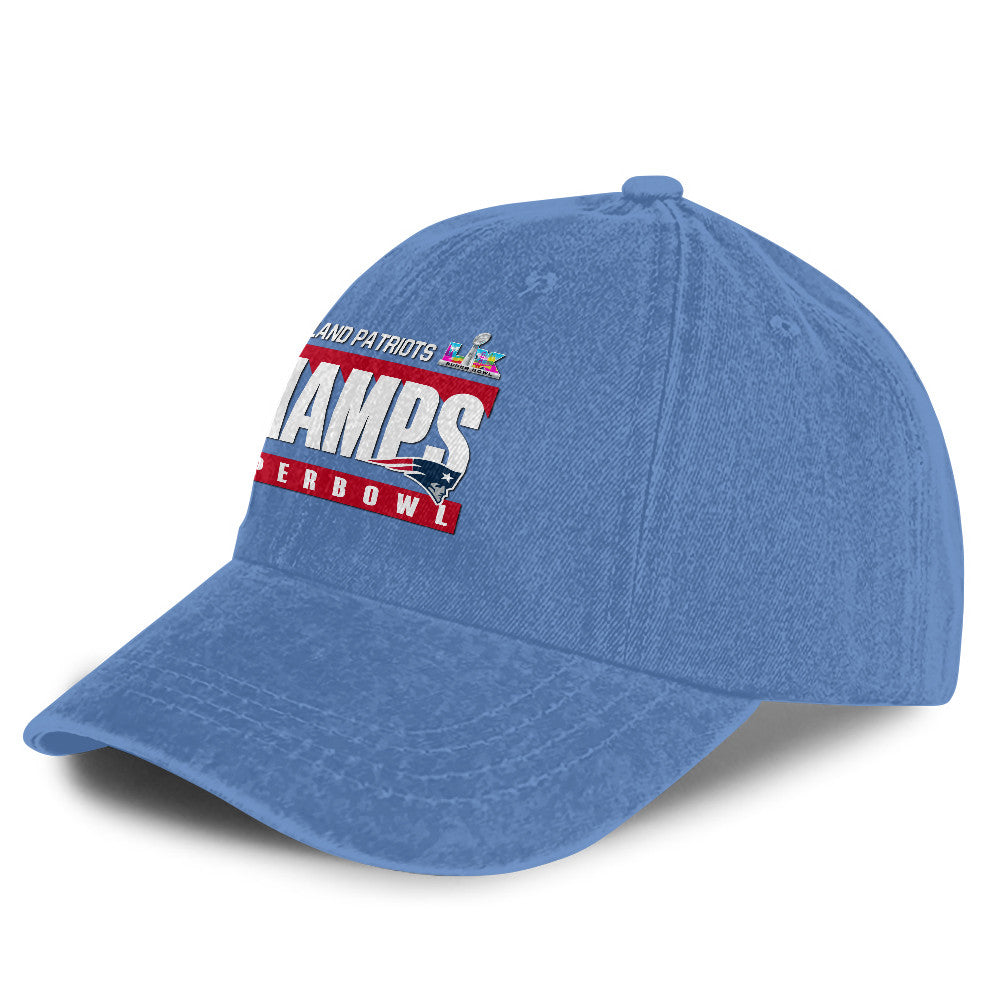 New England Patriots Super Bowl LX Champs 25/26 Washed Cap – Printed Graphic - Denim Blue