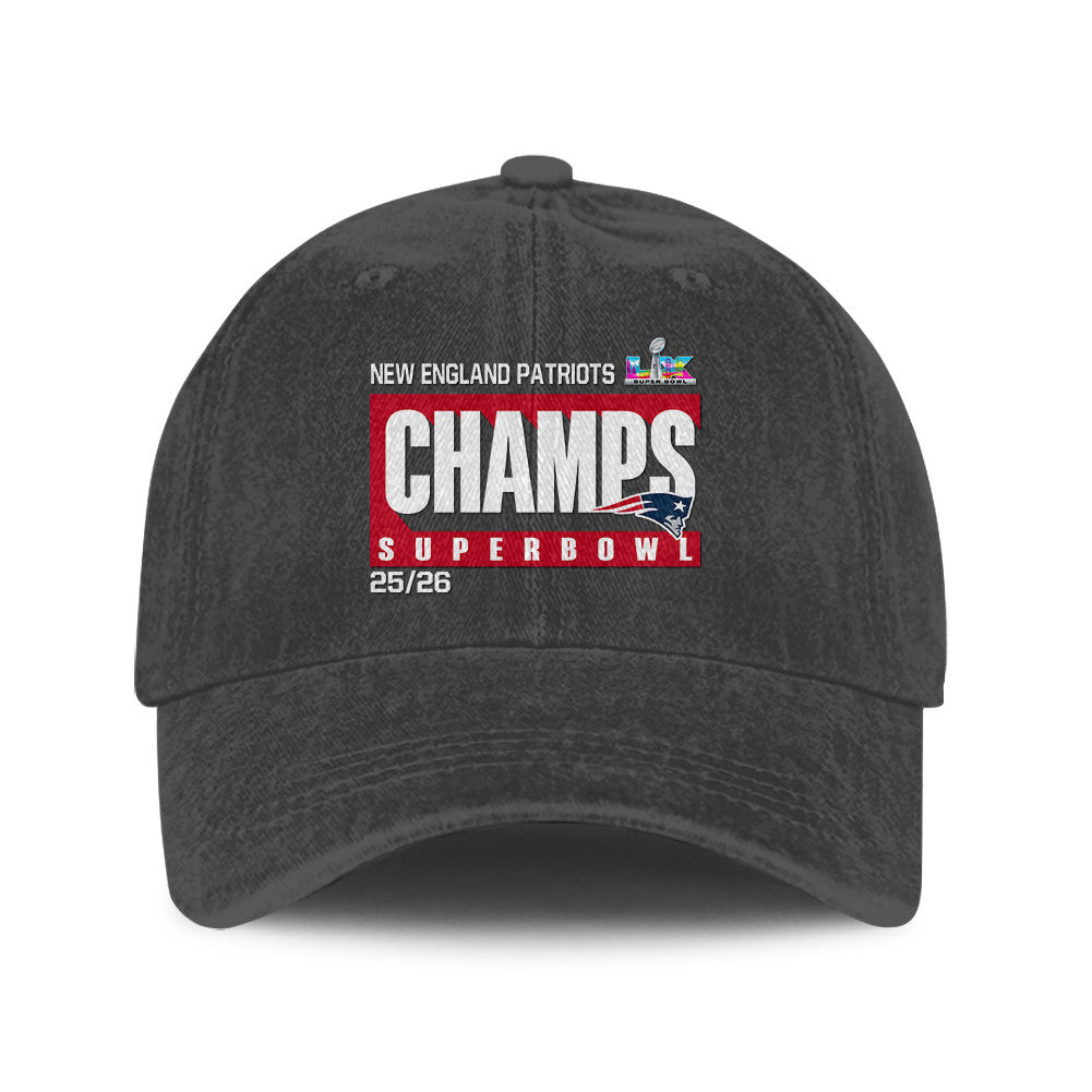 New England Patriots Super Bowl LX Champs 25/26 Washed Cap – Printed Graphic - Dark Grey