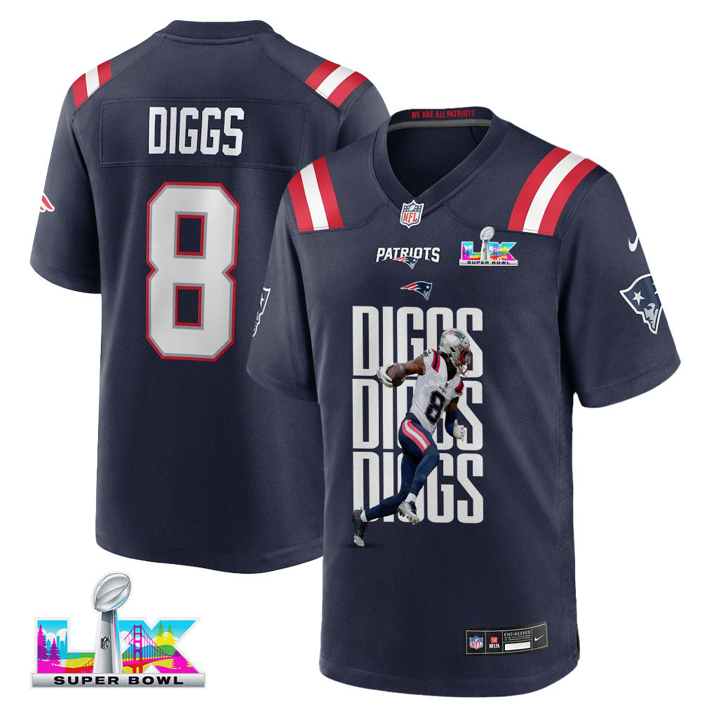Stefon Diggs 8 New England Patriots Super Bowl LX Explosive Play Men Jersey - Navy