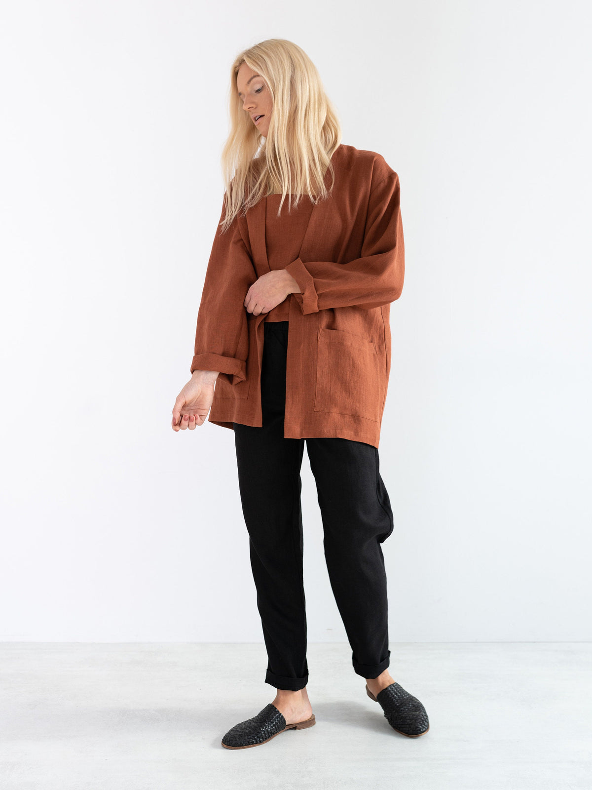 Rust linen jacket, relaxed fit blazer | SELBY