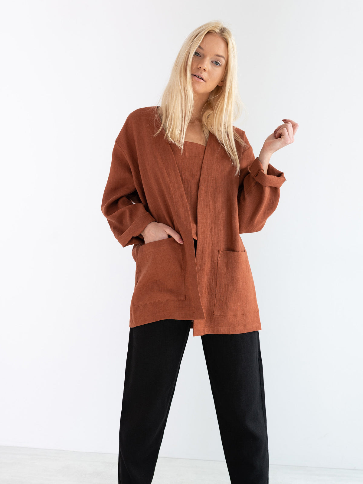 Rust linen jacket, relaxed fit blazer | SELBY