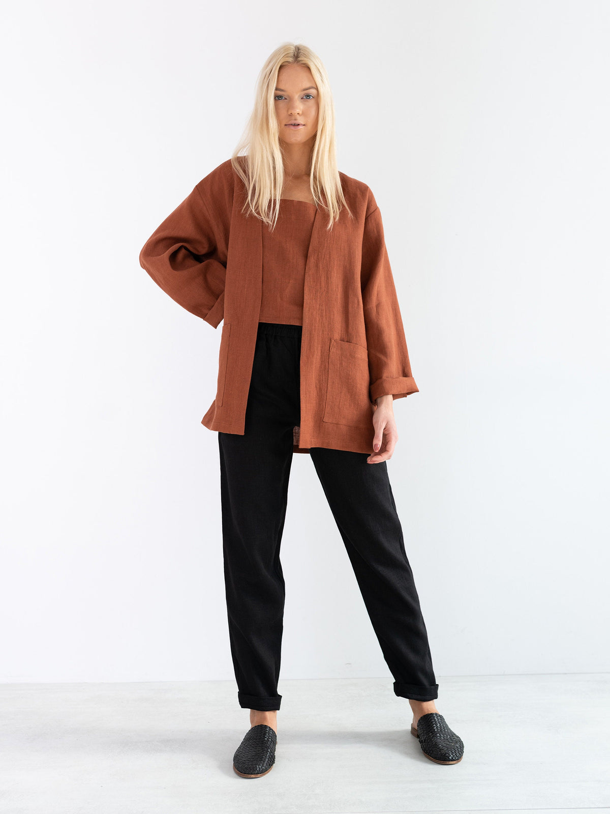 Rust linen jacket, relaxed fit blazer | SELBY