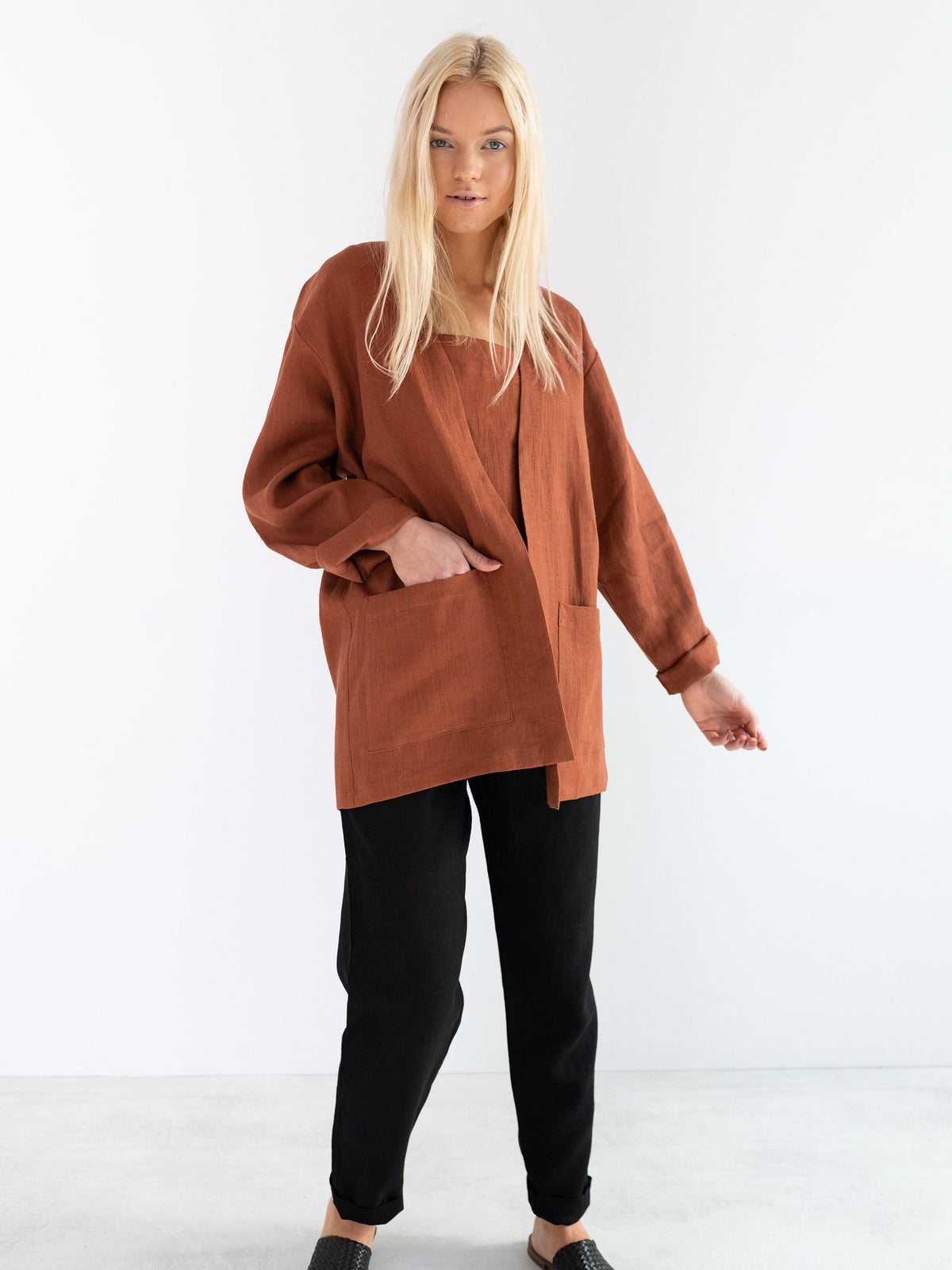 Rust linen jacket, relaxed fit blazer | SELBY