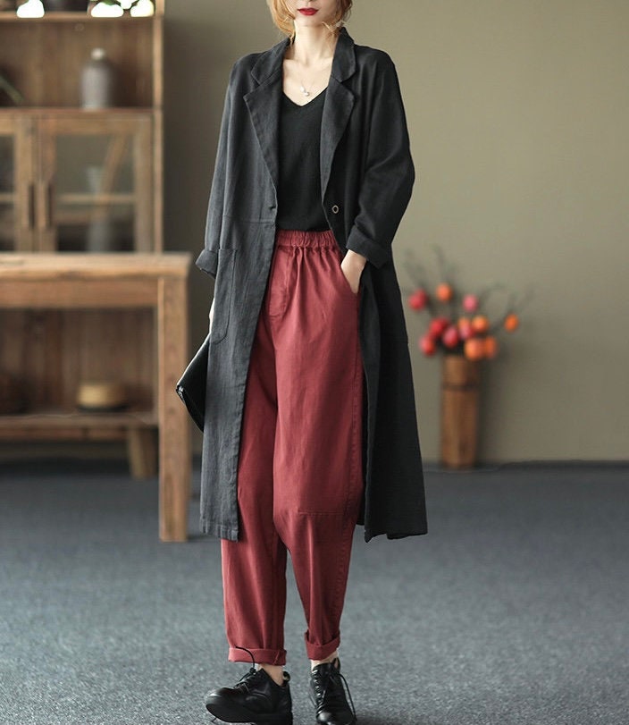 100% Linen Coat Burgundy Long Linen Duster Washed Linen Cardigan Linen Kimono Long Sleeves Jacket Washed Soft Linen Top Oversized Coat