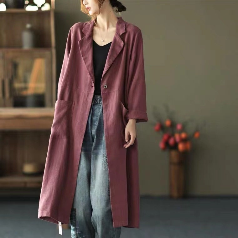 100% Linen Coat Burgundy Long Linen Duster Washed Linen Cardigan Linen Kimono Long Sleeves Jacket Washed Soft Linen Top Oversized Coat