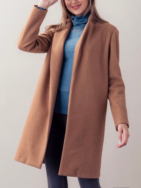 Long Line Fleece Open Coat, Hidden Side Pockets, Premium Quality, Dressy Long Jacket, no Closure, Versatile Fall Winter Fashion
