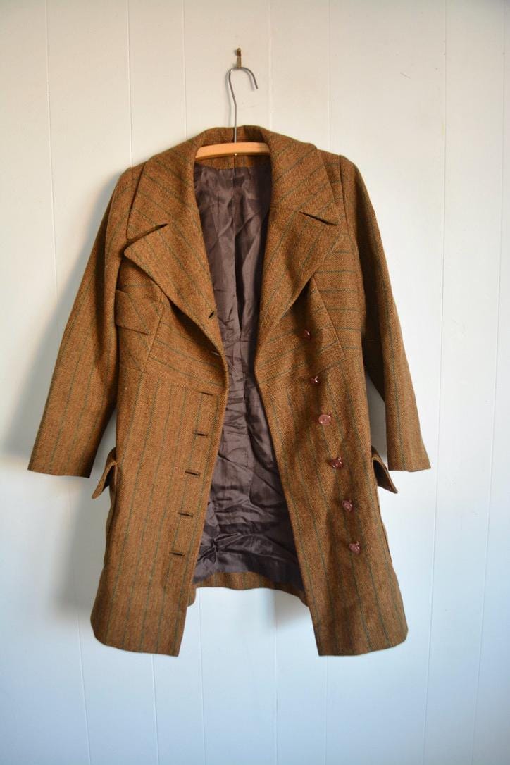 Vintage Women Brown Plaid Mid Length Wool Jacket. 1970s Retro Small Virgin Wool Buttoned Over Coat. MCM Women Fashion Spring Winter Jacket