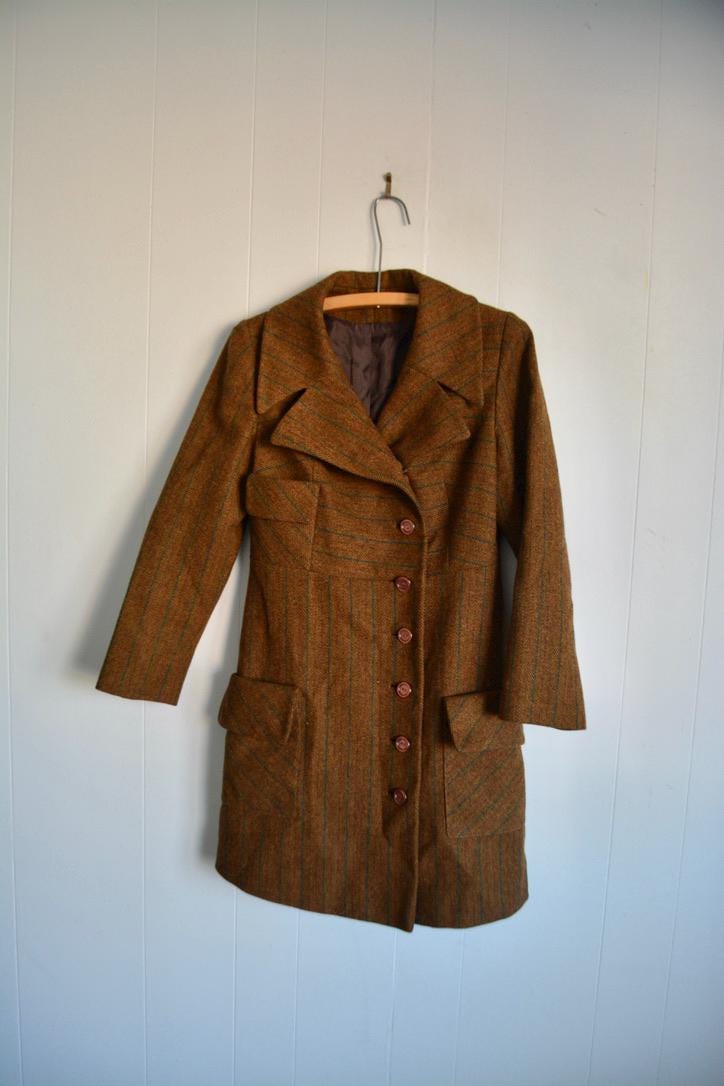Vintage Women Brown Plaid Mid Length Wool Jacket. 1970s Retro Small Virgin Wool Buttoned Over Coat. MCM Women Fashion Spring Winter Jacket
