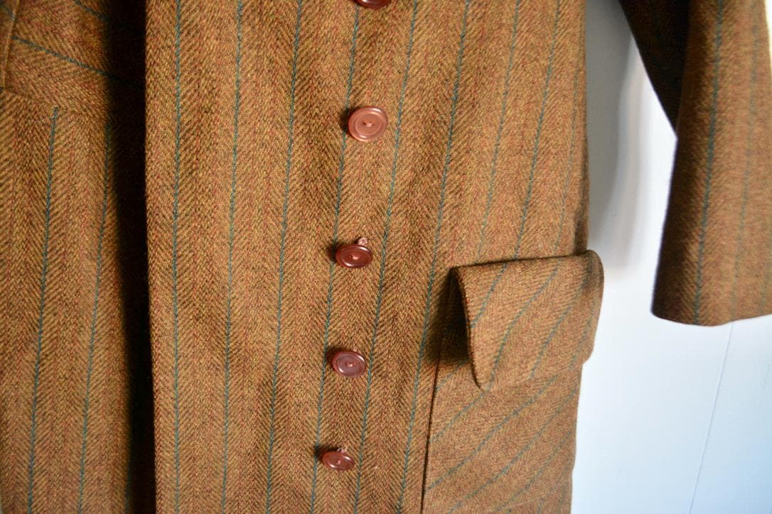 Vintage Women Brown Plaid Mid Length Wool Jacket. 1970s Retro Small Virgin Wool Buttoned Over Coat. MCM Women Fashion Spring Winter Jacket