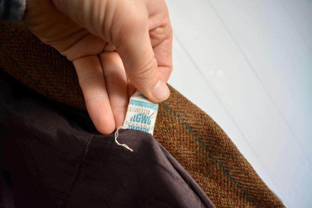 Vintage Women Brown Plaid Mid Length Wool Jacket. 1970s Retro Small Virgin Wool Buttoned Over Coat. MCM Women Fashion Spring Winter Jacket