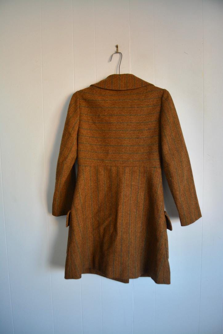 Vintage Women Brown Plaid Mid Length Wool Jacket. 1970s Retro Small Virgin Wool Buttoned Over Coat. MCM Women Fashion Spring Winter Jacket