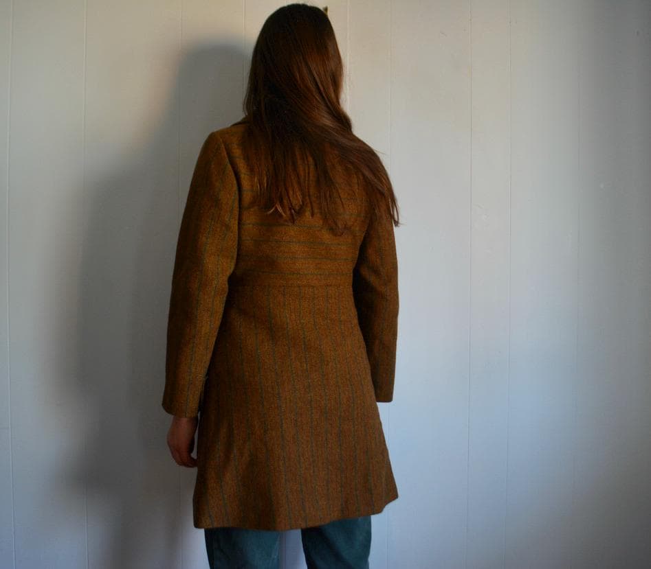 Vintage Women Brown Plaid Mid Length Wool Jacket. 1970s Retro Small Virgin Wool Buttoned Over Coat. MCM Women Fashion Spring Winter Jacket