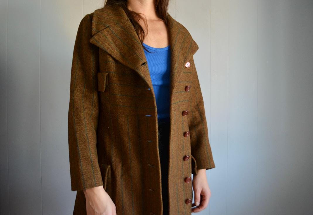 Vintage Women Brown Plaid Mid Length Wool Jacket. 1970s Retro Small Virgin Wool Buttoned Over Coat. MCM Women Fashion Spring Winter Jacket