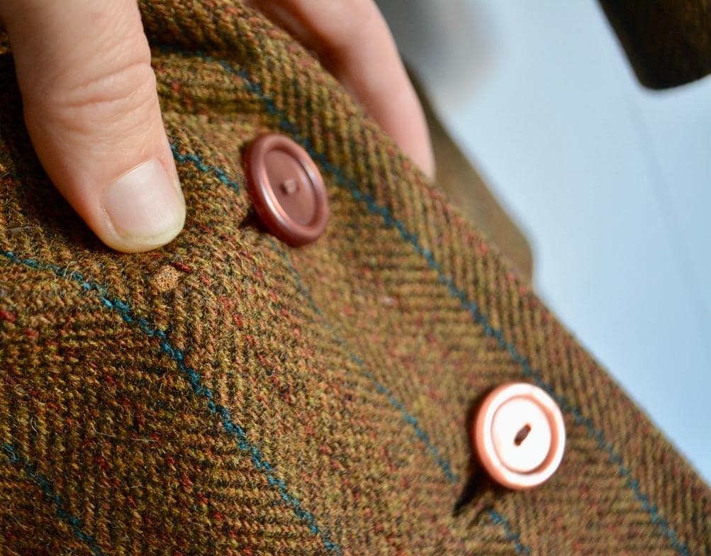 Vintage Women Brown Plaid Mid Length Wool Jacket. 1970s Retro Small Virgin Wool Buttoned Over Coat. MCM Women Fashion Spring Winter Jacket