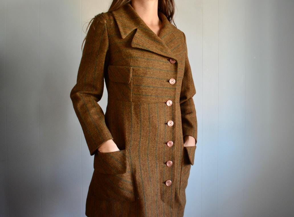 Vintage Women Brown Plaid Mid Length Wool Jacket. 1970s Retro Small Virgin Wool Buttoned Over Coat. MCM Women Fashion Spring Winter Jacket