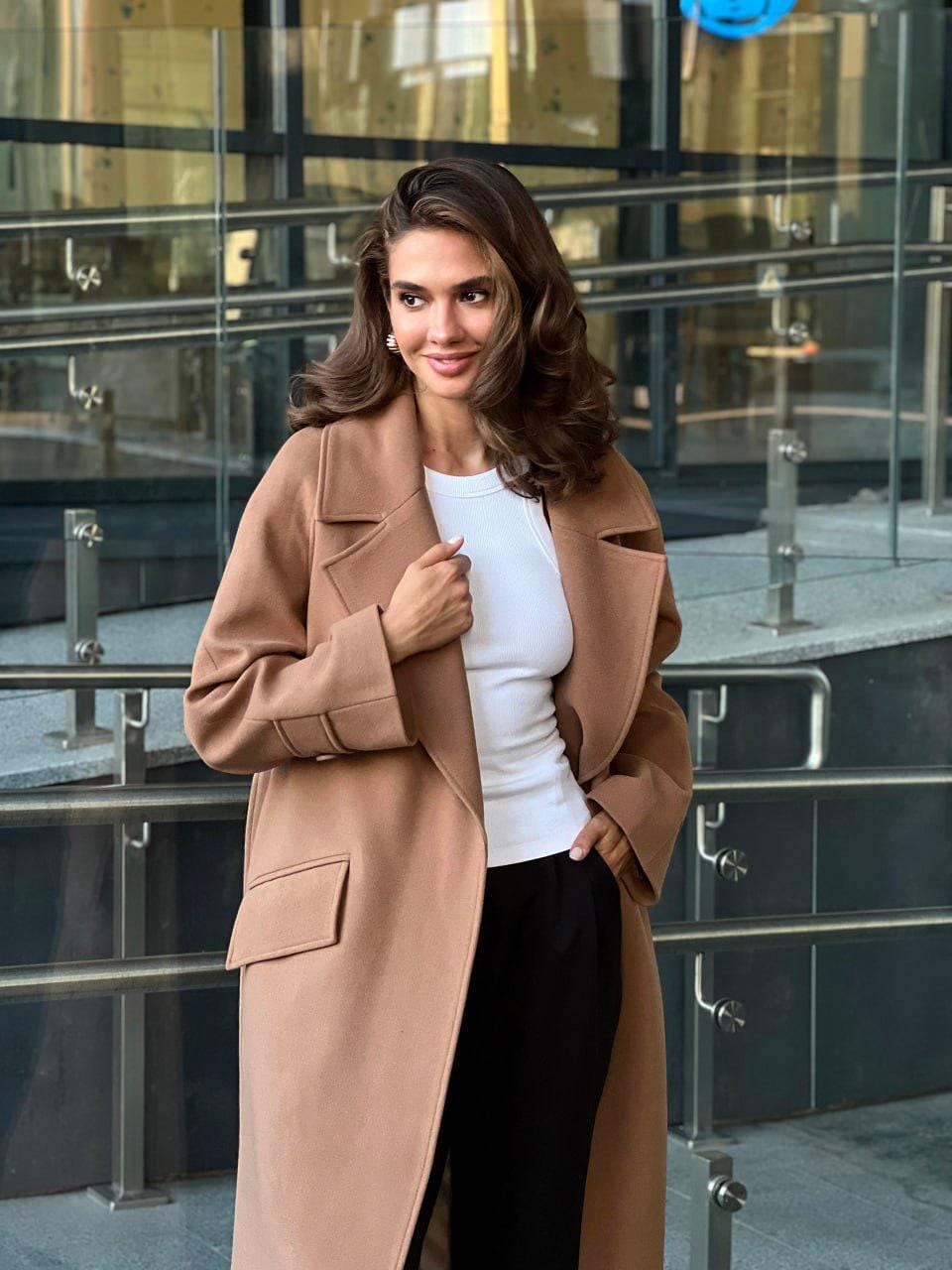 Burnt Caramel Belted Wool Coat with Double-Breasted Front and Belt