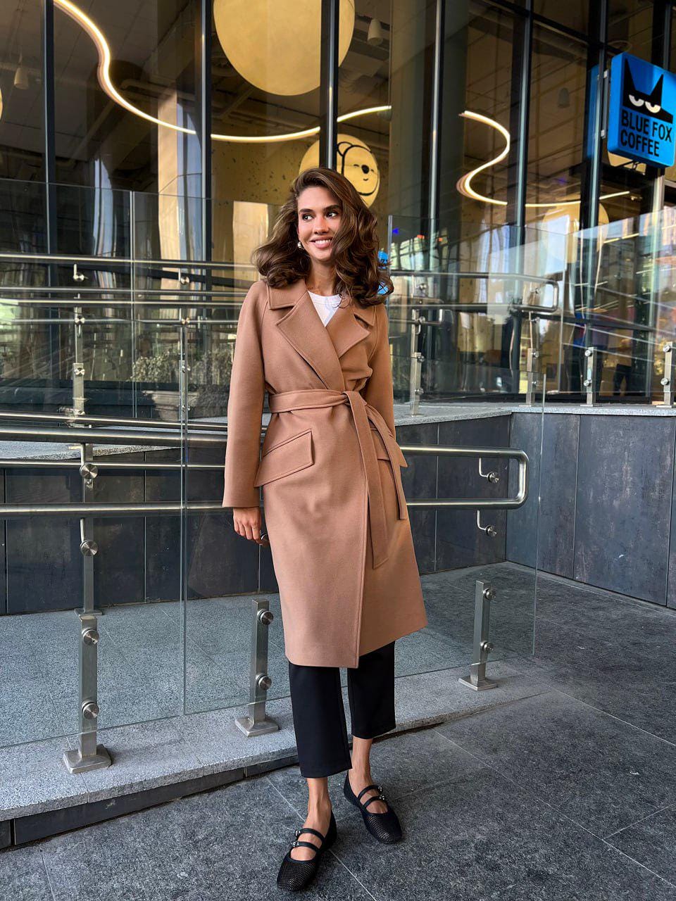 Burnt Caramel Belted Wool Coat with Double-Breasted Front and Belt