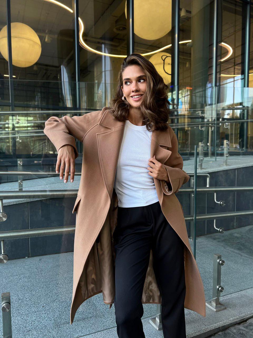 Burnt Caramel Belted Wool Coat with Double-Breasted Front and Belt