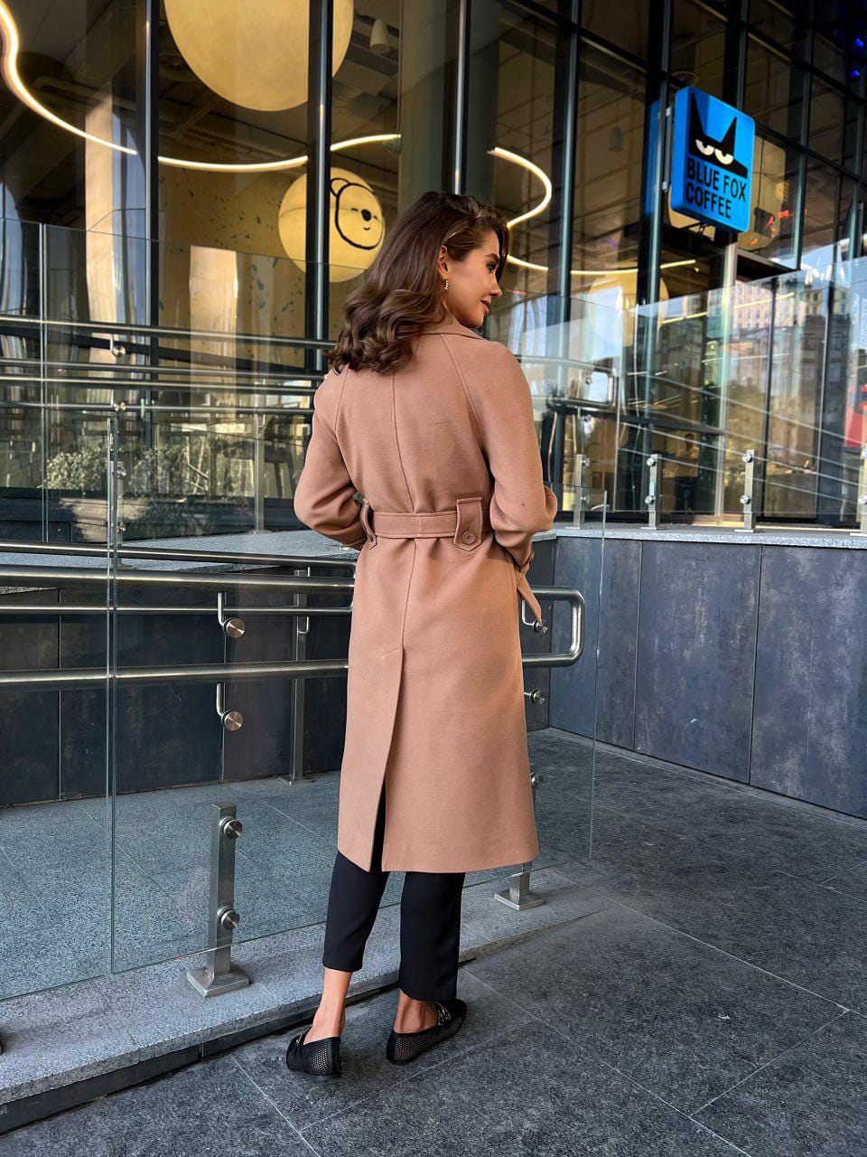 Burnt Caramel Belted Wool Coat with Double-Breasted Front and Belt
