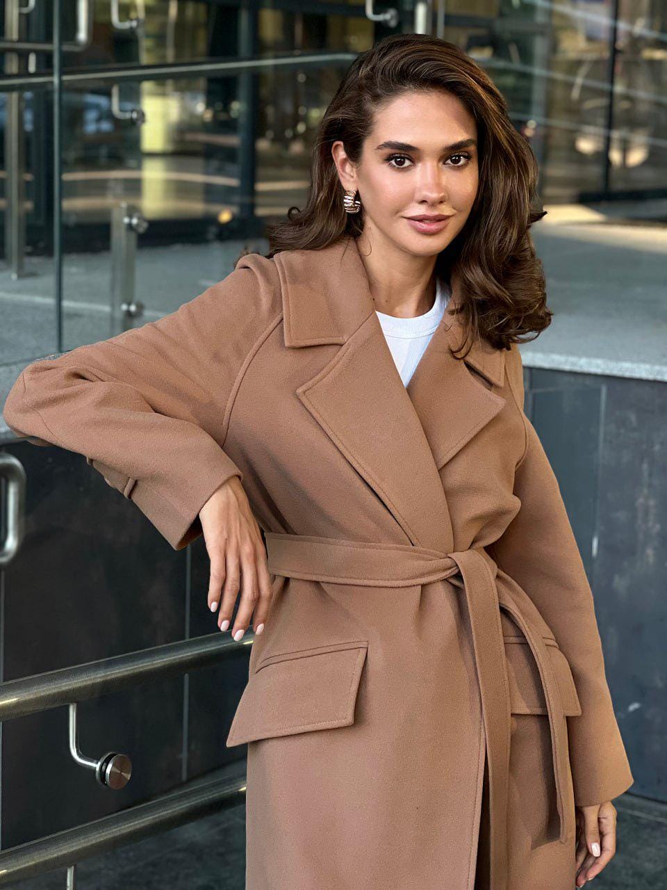 Burnt Caramel Belted Wool Coat with Double-Breasted Front and Belt