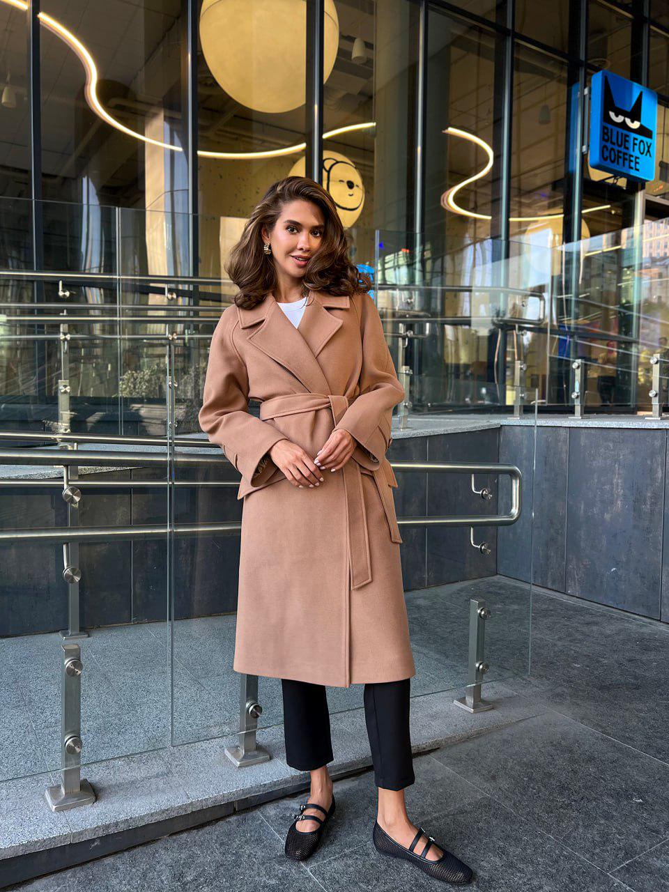 Burnt Caramel Belted Wool Coat with Double-Breasted Front and Belt
