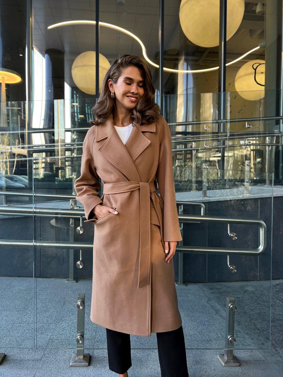Burnt Caramel Belted Wool Coat with Double-Breasted Front and Belt