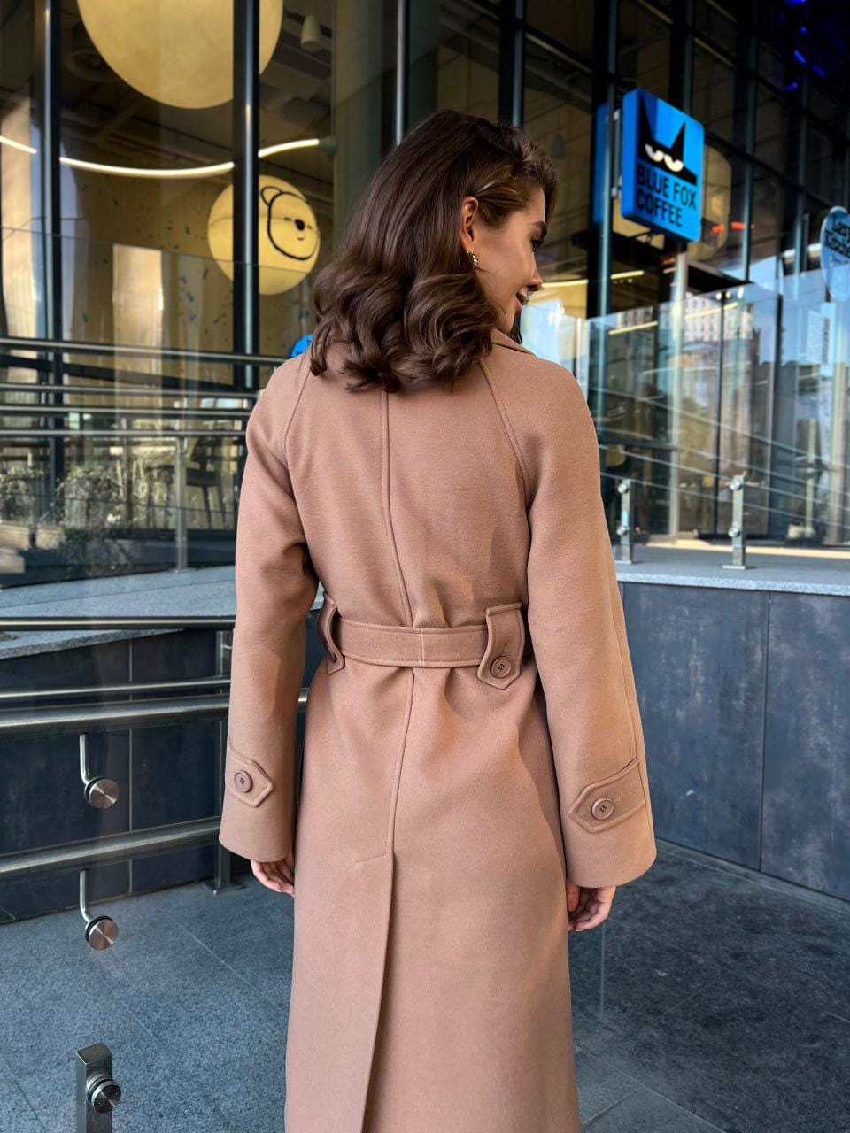 Burnt Caramel Belted Wool Coat with Double-Breasted Front and Belt