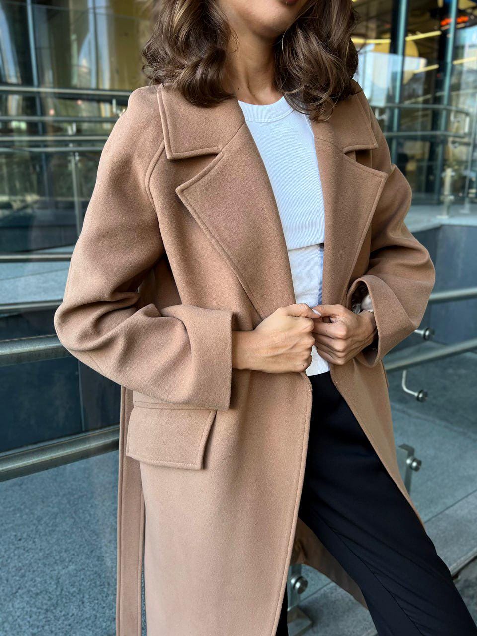 Burnt Caramel Belted Wool Coat with Double-Breasted Front and Belt