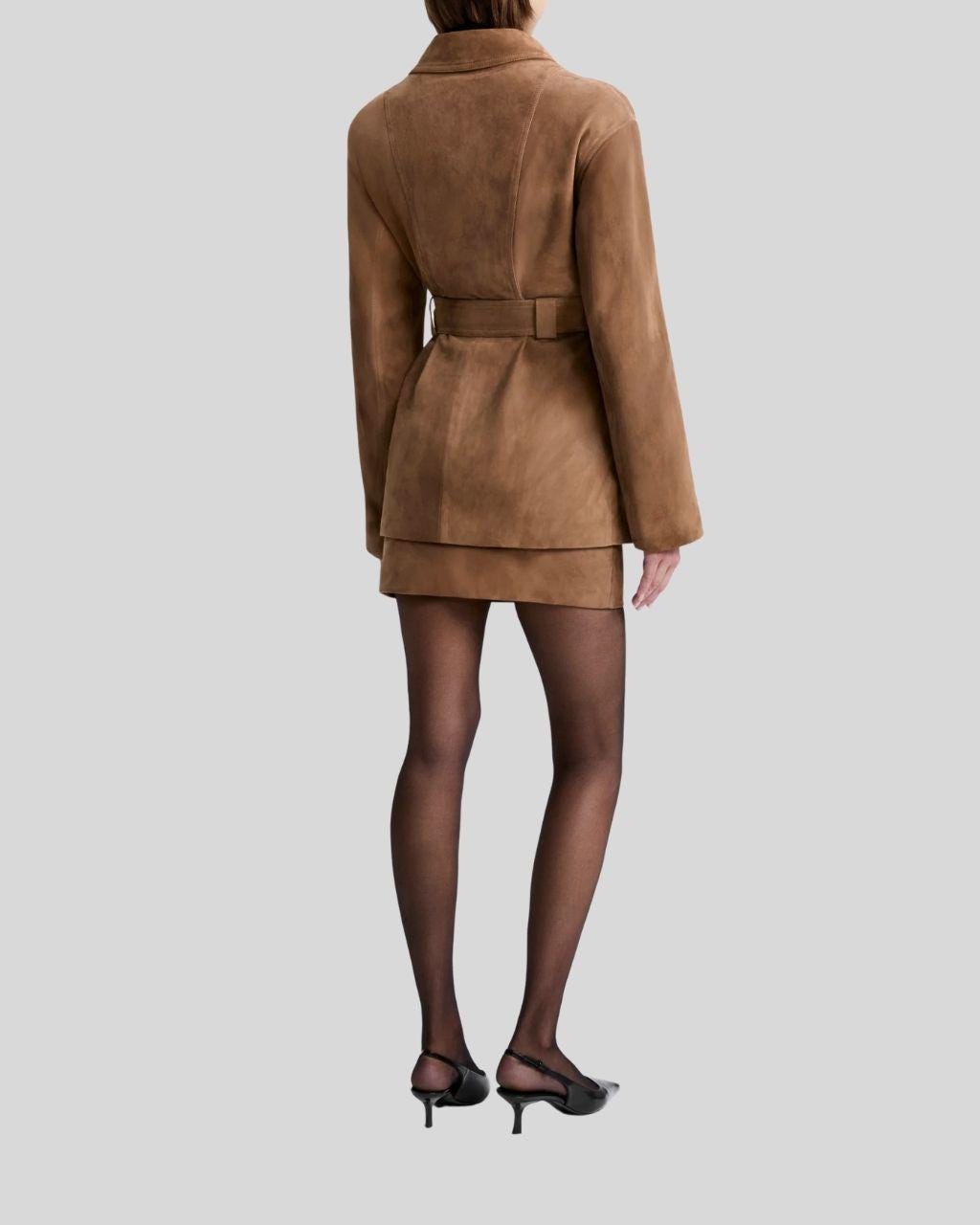 Women's Tan Suede Belted Jacket – Handmade Short Coat with Waist Tie