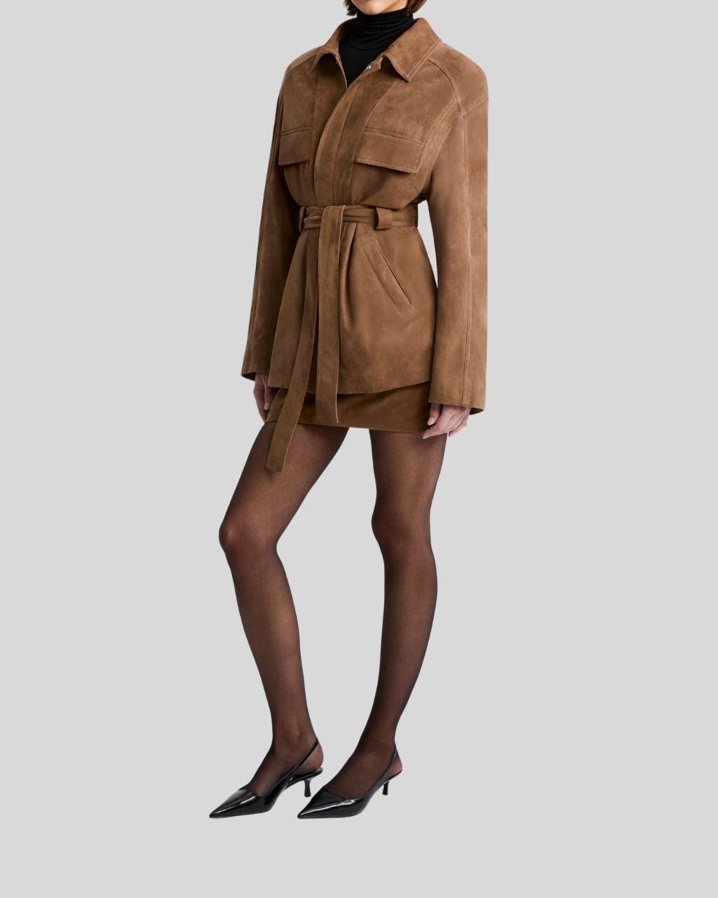 Women's Tan Suede Belted Jacket – Handmade Short Coat with Waist Tie