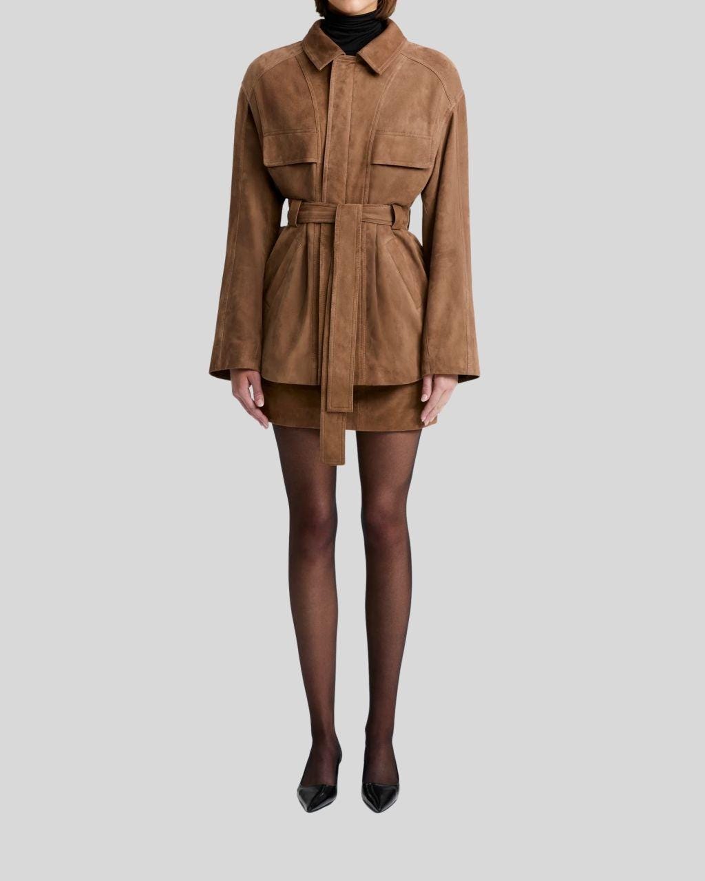 Women's Tan Suede Belted Jacket – Handmade Short Coat with Waist Tie