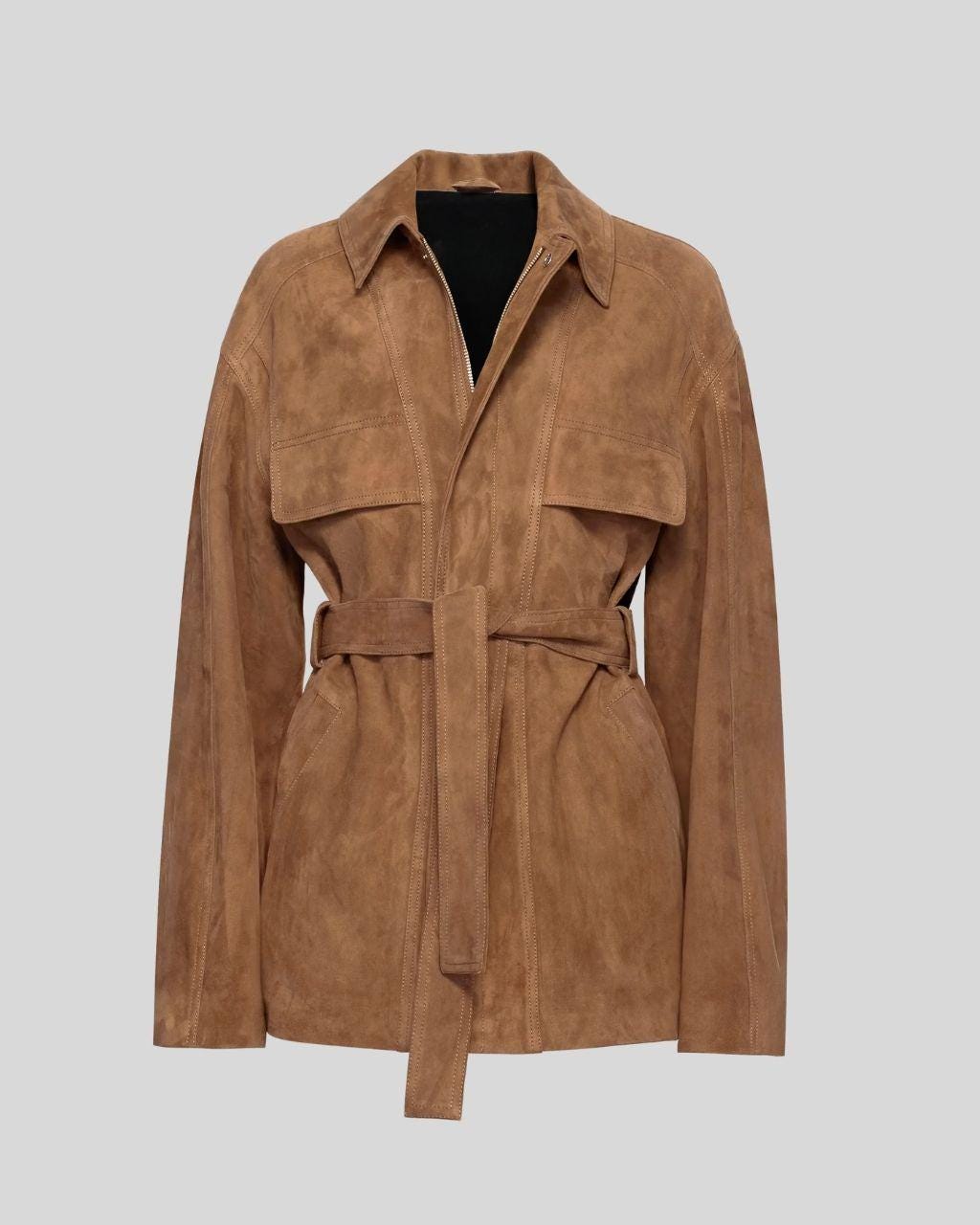 Women's Tan Suede Belted Jacket – Handmade Short Coat with Waist Tie