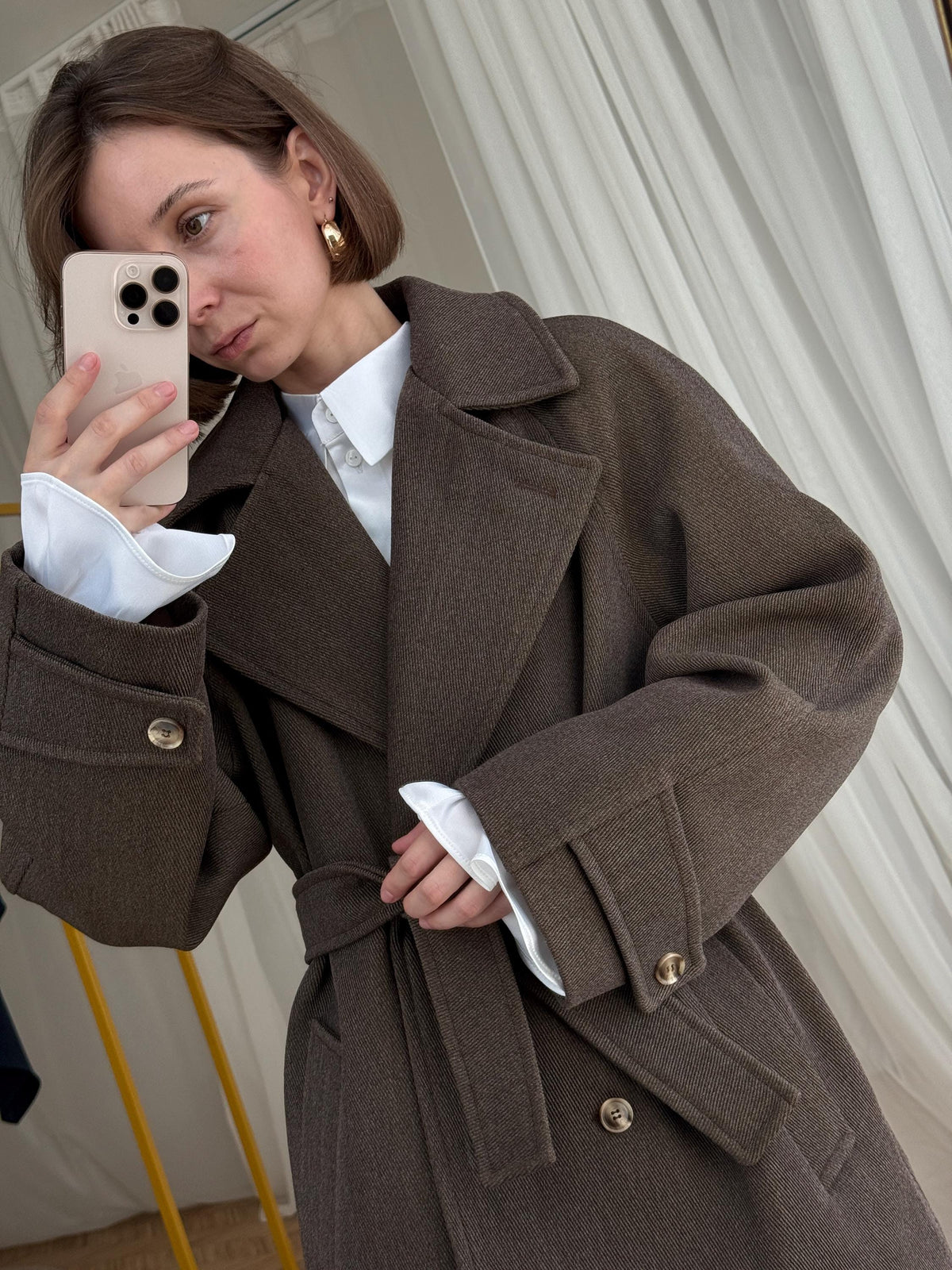 Elegant Brown Wool Coat: Short Double-Breasted Belted Coat, Tailored Fall Jacket with Lining