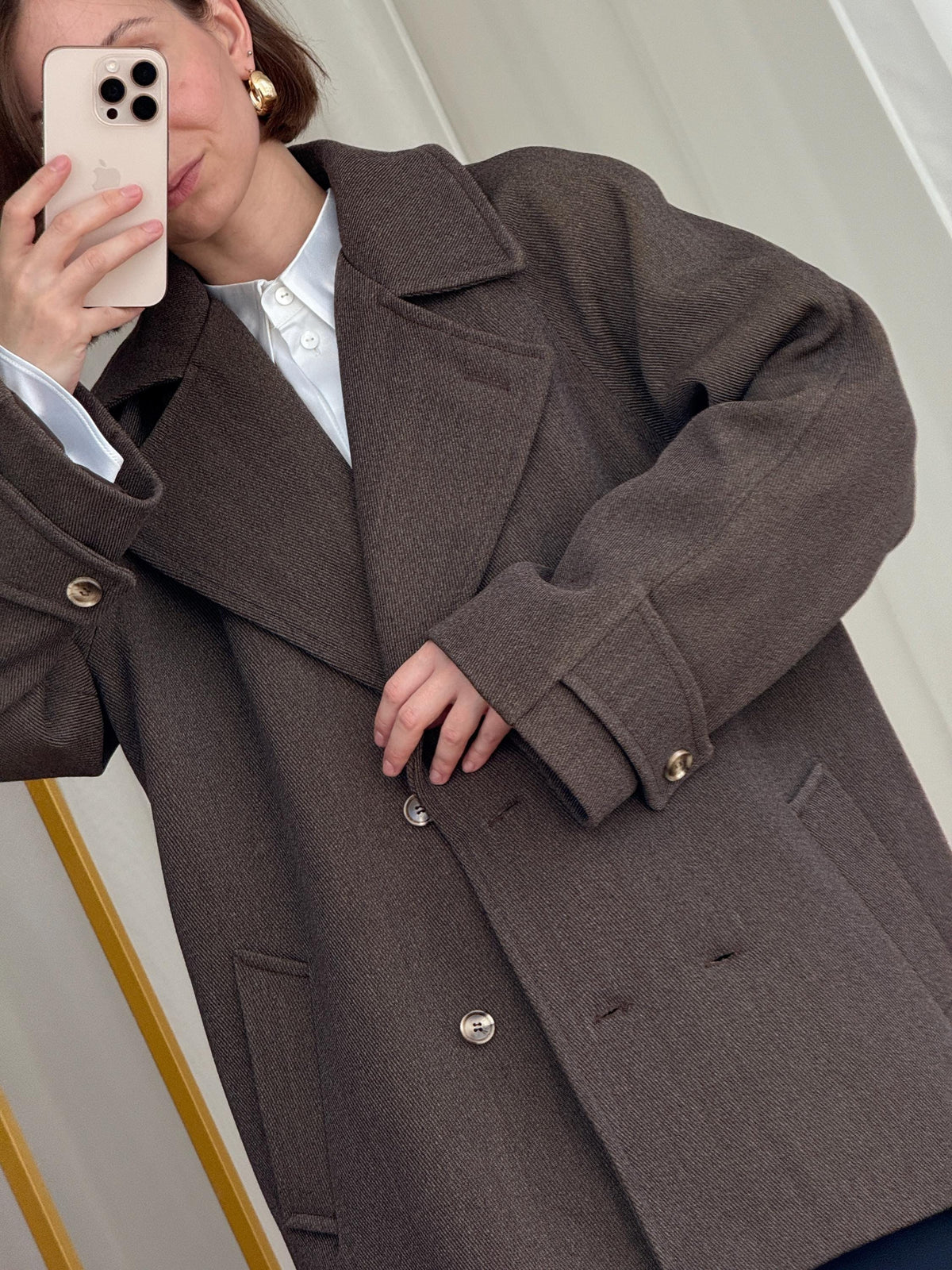 Elegant Brown Wool Coat: Short Double-Breasted Belted Coat, Tailored Fall Jacket with Lining