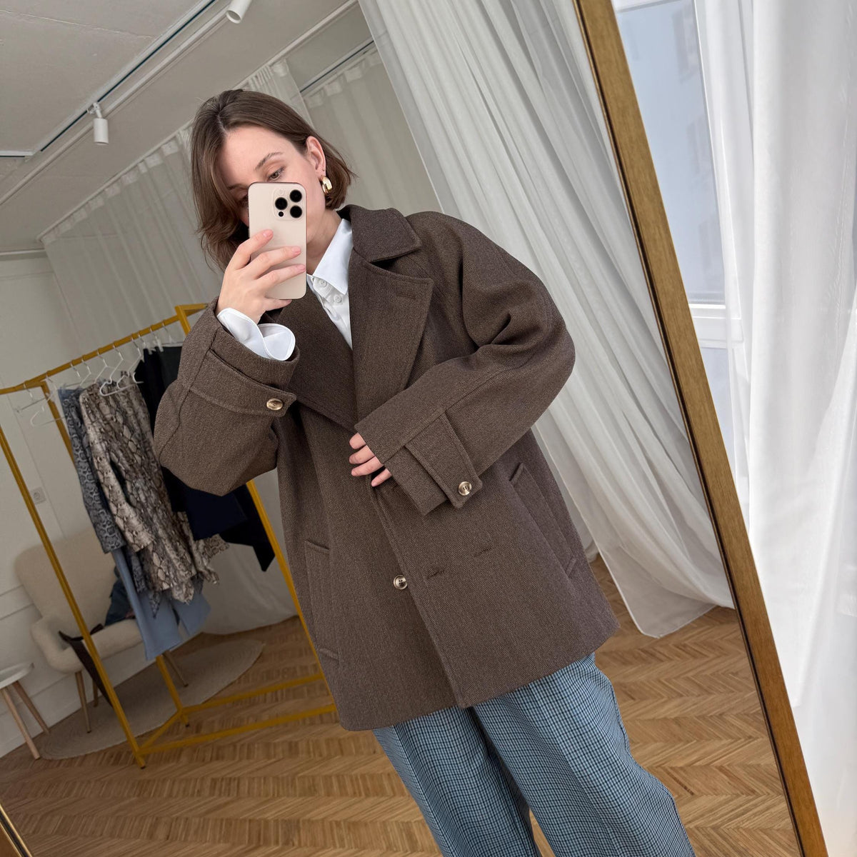 Elegant Brown Wool Coat: Short Double-Breasted Belted Coat, Tailored Fall Jacket with Lining