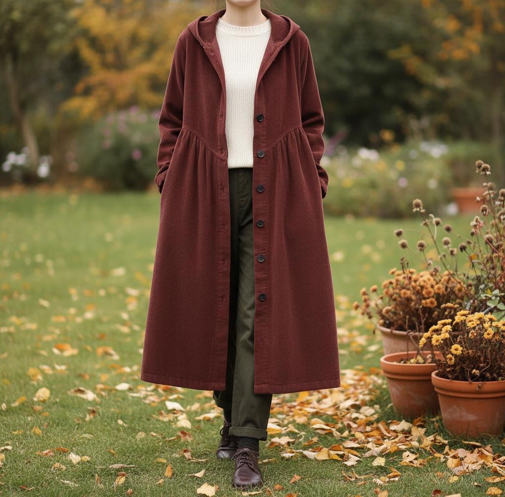 Corduroy Button Up Trench Coat: Retro Hooded Thickened Cotton Coat