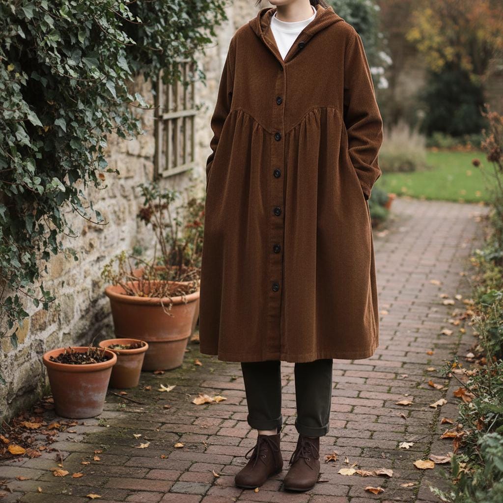 Corduroy Button Up Trench Coat: Retro Hooded Thickened Cotton Coat