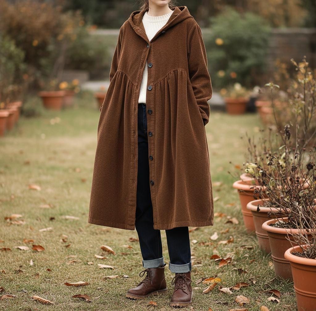 Corduroy Button Up Trench Coat: Retro Hooded Thickened Cotton Coat