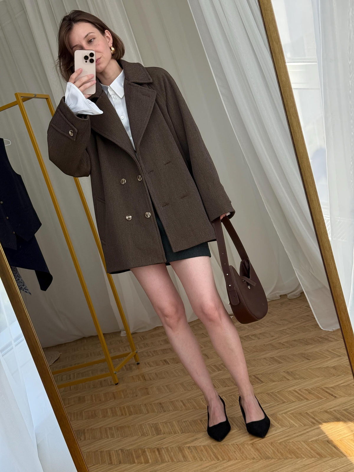 Elegant Brown Wool Coat: Short Double-Breasted Belted Coat, Tailored Fall Jacket with Lining