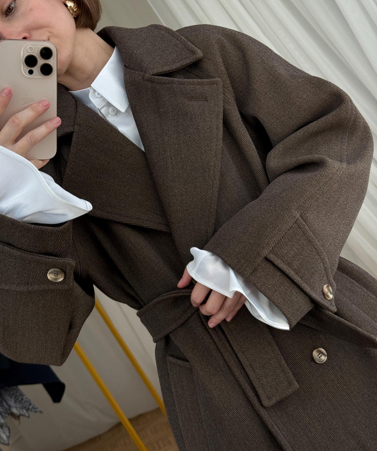 Elegant Brown Wool Coat: Short Double-Breasted Belted Coat, Tailored Fall Jacket with Lining