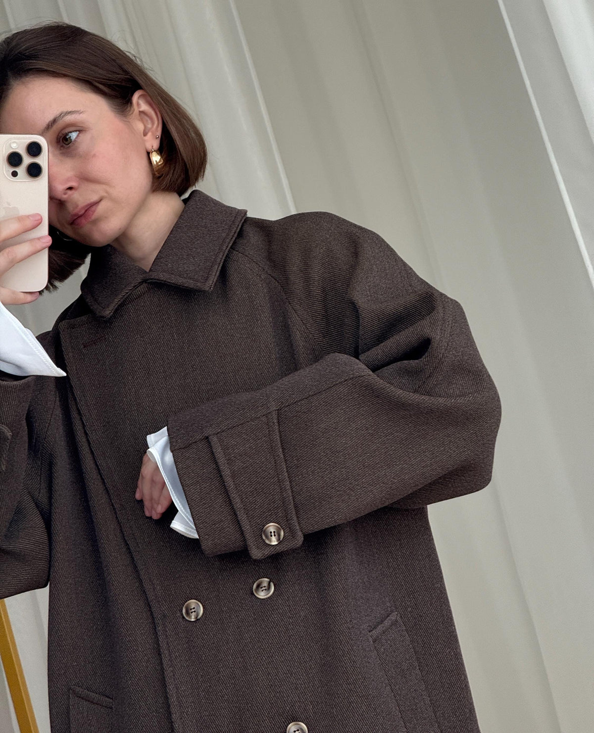 Elegant Brown Wool Coat: Short Double-Breasted Belted Coat, Tailored Fall Jacket with Lining