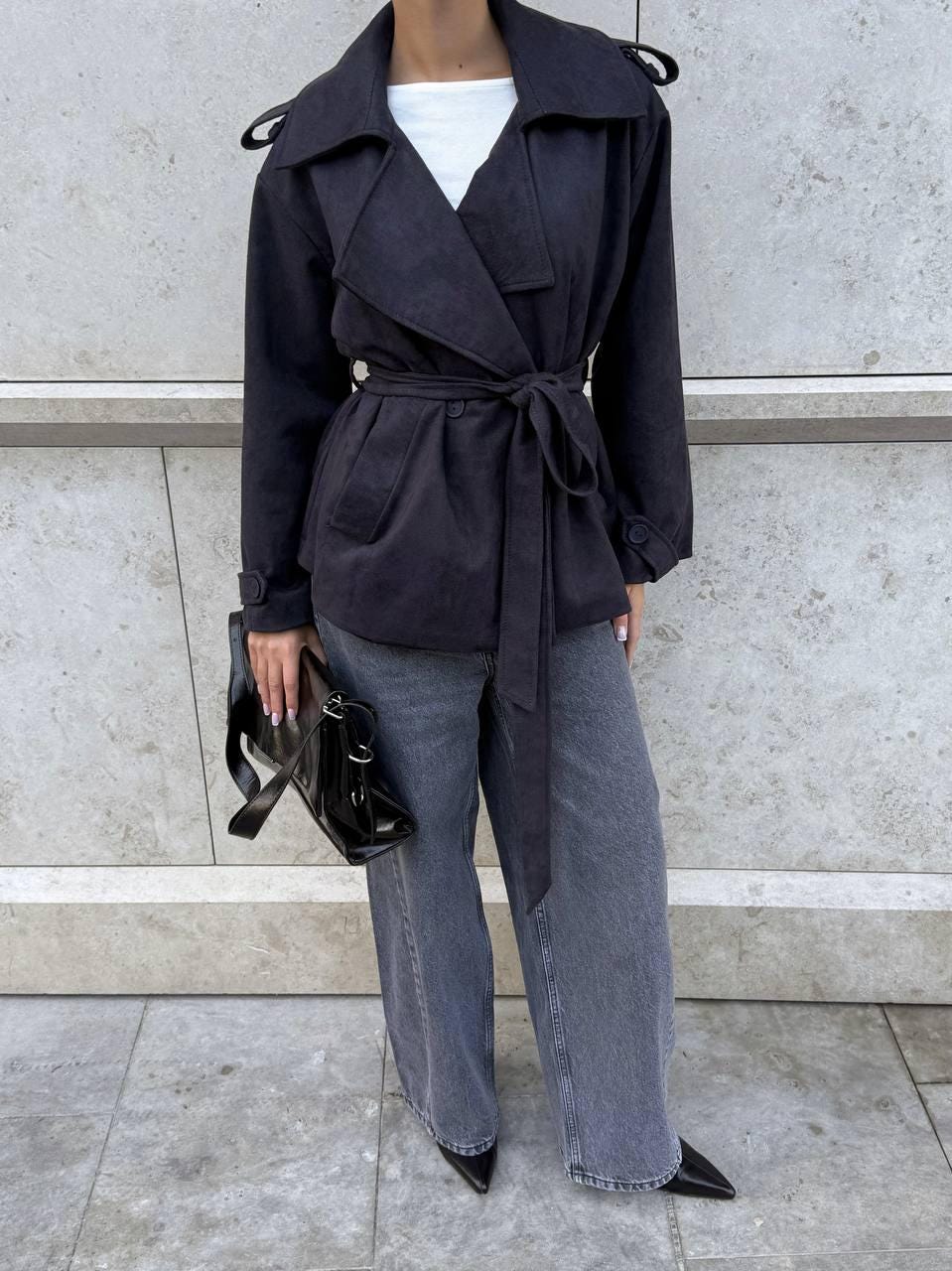 Belted Trench Coat Women, Short Wrap Jacket, Suede Spring Coat, Elegant Belted Blazer Coat
