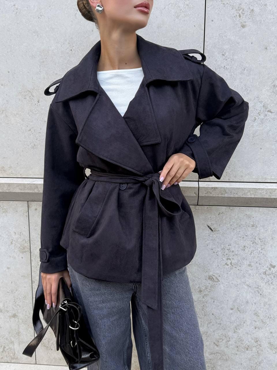 Belted Trench Coat Women, Short Wrap Jacket, Suede Spring Coat, Elegant Belted Blazer Coat